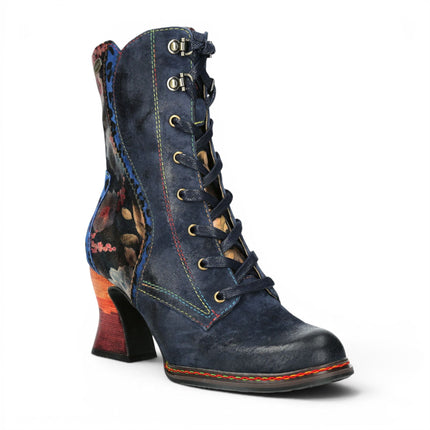 Laura Vita Women's Goth Victorian Floral Blue Leather Lace-Up Heeled Boots - Eleao-42