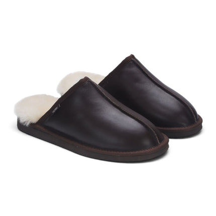 Men's Brown Genuine Lamb Leather Slippers Real Fur Mule Winter Slippers - Highland