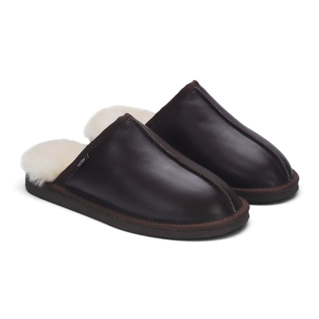 Men's Brown Genuine Lamb Leather Slippers Real Fur Mule Winter Slippers - Highland
