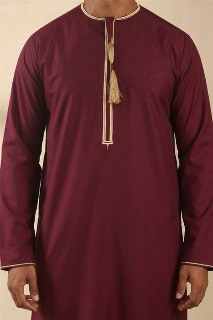 Men's Ramadan Burgundy Red Moroccan Thobe Robe Emirati Eid Jubba- TT-003