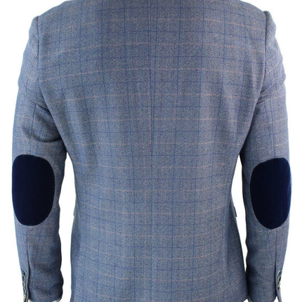 Mens 3 Piece Blue Grey Herringbone Check Suit