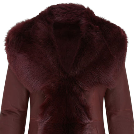 Womens Burgundy Red Toscana Sheepskin Leather Hooded Trench Coat - Coast