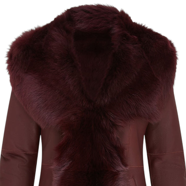 Womens Burgundy Red Toscana Sheepskin Leather Hooded Trench Coat - Coast