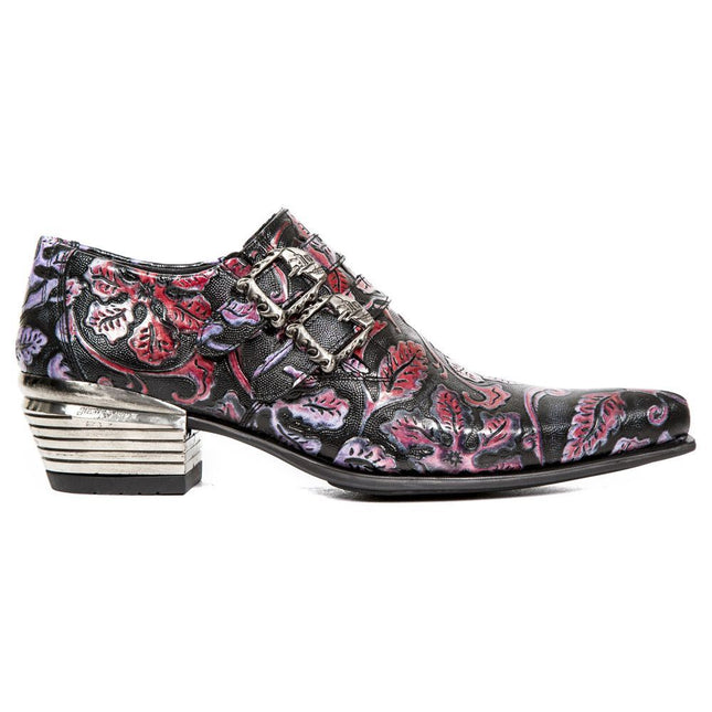 New Rock Vintage Red Floral Leather Buckle Shoes - 7960-S6