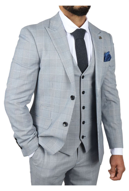 Men's Blue Checked 3 Piece Suit Tailored Fit Suit Formal Wedding