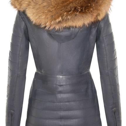 Womens Slim Fit Leather Hooded Parka Jacket-Northam