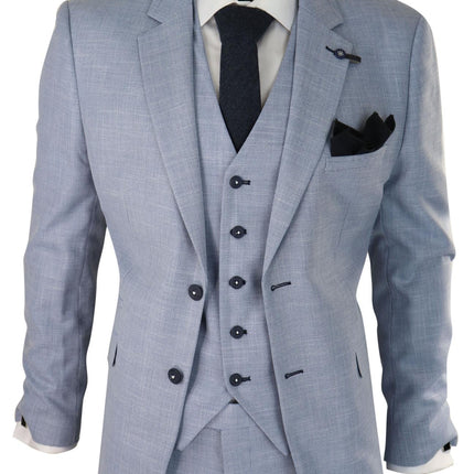 Mens 3 Piece Linen Suit Light Blue Summer Tailored Fit Wedding Prom Classic Suit