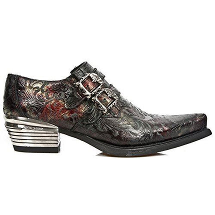New Rock Embossed Black/Red Leather Buckled Shoes -7960-S5