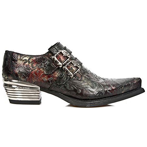 New Rock Embossed Black/Red Leather Buckled Shoes -7960-S5