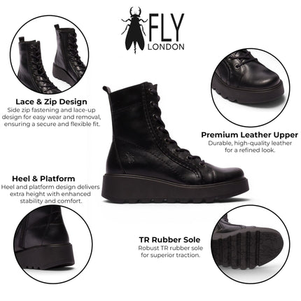 Fly London Womens Black Leather Lace-Up Wedge Heel Combat Boots - TERY554