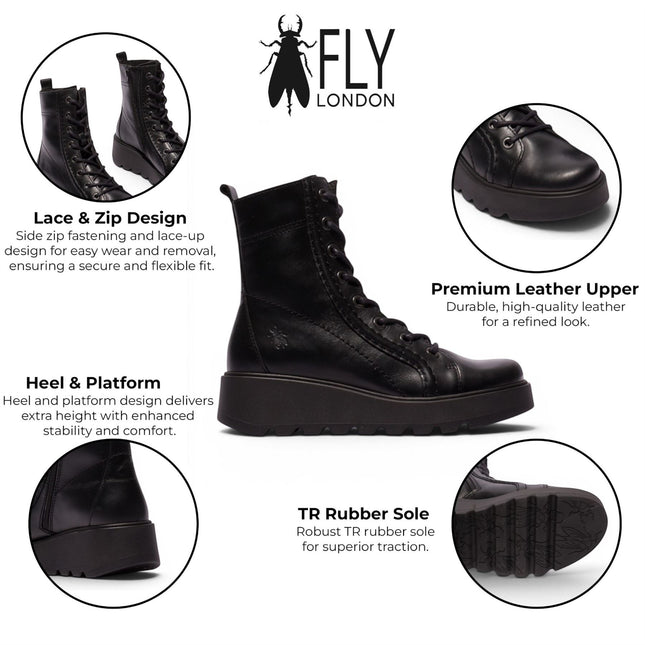Fly London Womens Black Leather Lace-Up Wedge Heel Combat Boots - TERY554