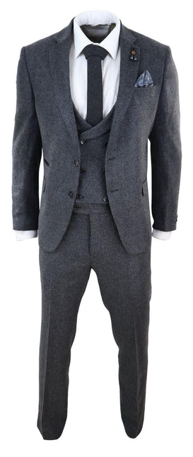 Mens Grey 3 Piece Tweed Suit Vintage Harringbone 1920s Retro Peaky Blinders