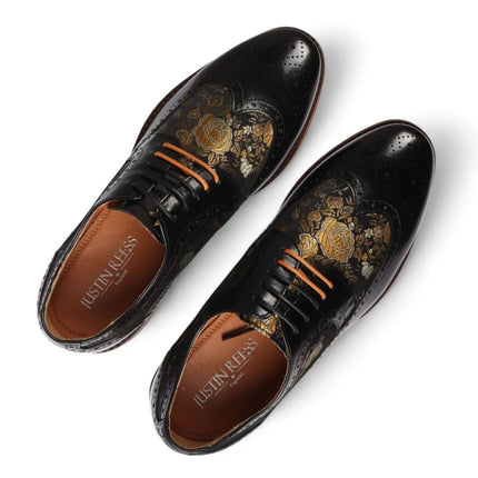 Justin Reess Men's Black Leather Floral Print Brogue Dress Shoes - Ross
