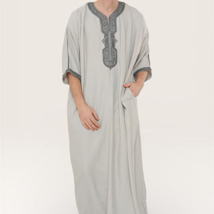 Men's Grey Charcoal Moroccan Thobe Robe Eid Djellaba Gandoura Jubba- HM65