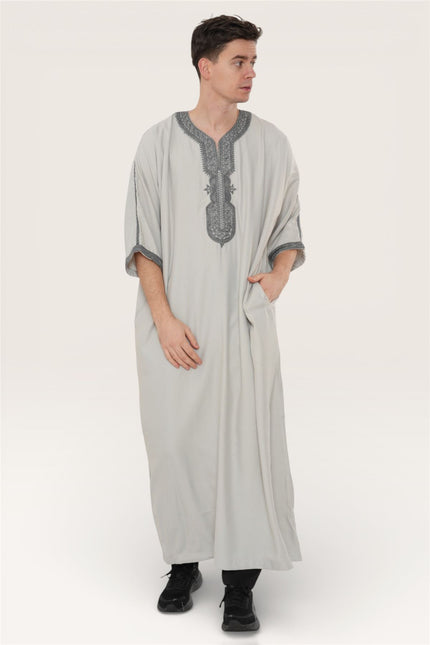 Men's Grey Charcoal Moroccan Thobe Robe Eid Djellaba Gandoura Jubba- HM65