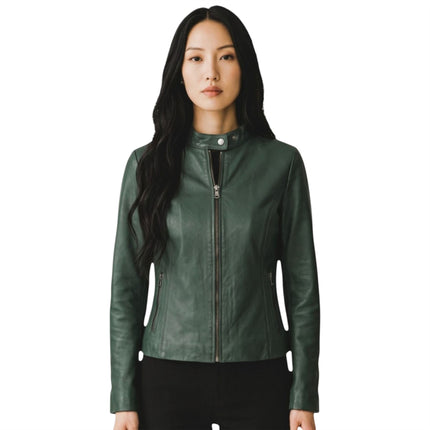 Womens Green Leather Stand Collar Racer Biker Jacket - 181