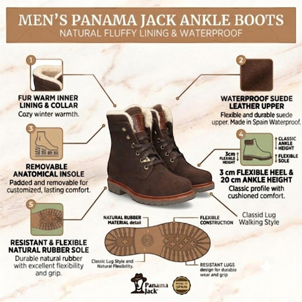 Panama Jack Men's Brown Leather Waterproof Lace-Up Ankle Boots - P03-Aviator C41