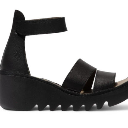 Fly London Women's Bono290Fly Black Mousse Leather Wedge Sandals