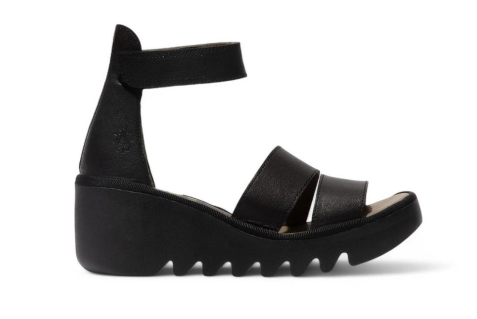 Fly London Women's Bono290Fly Black Mousse Leather Wedge Sandals