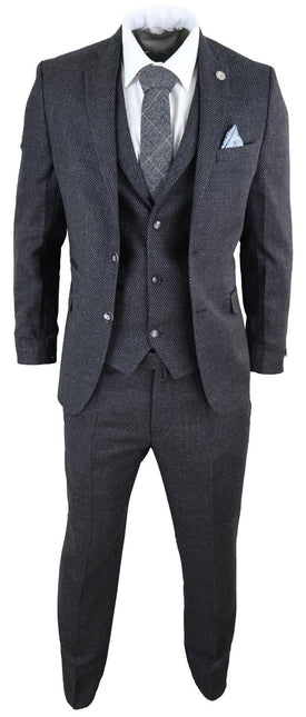Men's 3 Piece Black Herringbone Tweed Suit
