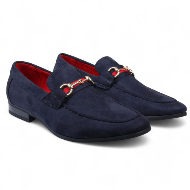 Men's Navy Suede Loafers with Gold Buckle Slip-On Dress Shoes