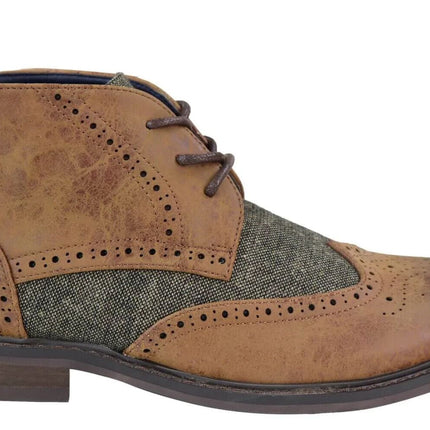 Mens Classic Tweed Oxford Brogue Ankle Boots In Tan Leather