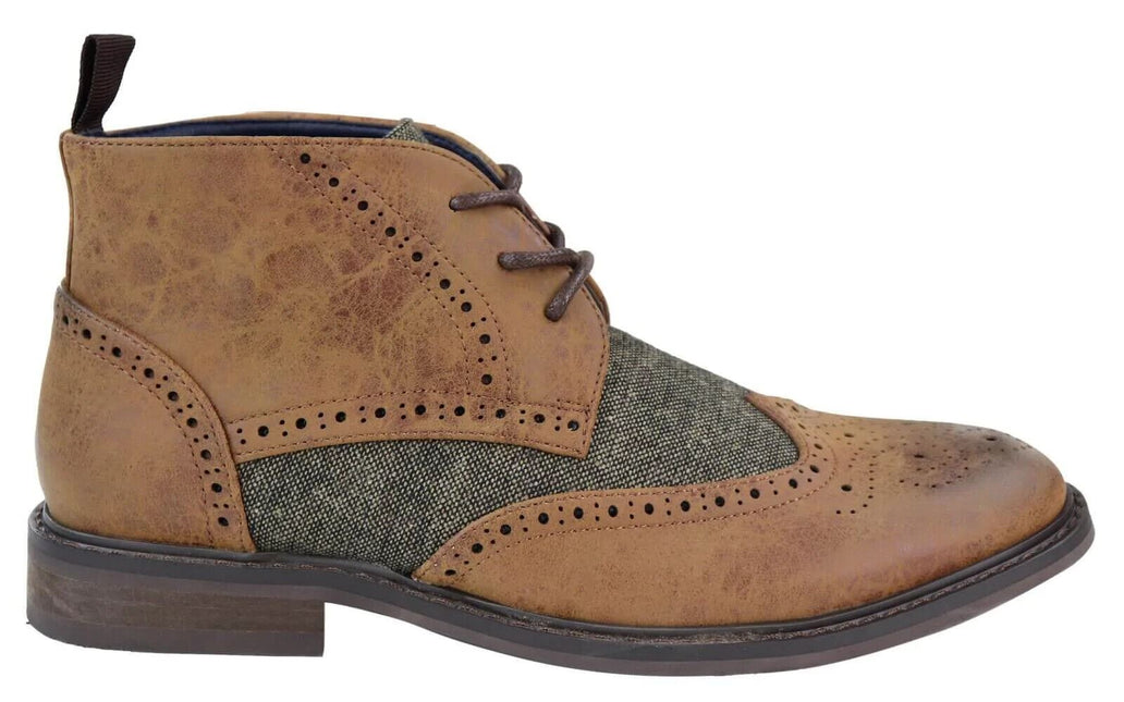 Mens Classic Tweed Oxford Brogue Ankle Boots In Tan Leather