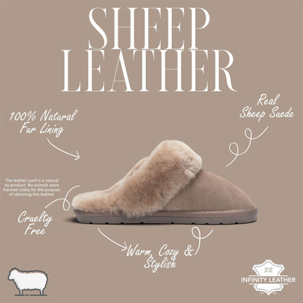 Women's Genuine Sheepskin Taupe Suede Mule Winter Slippers - Luna