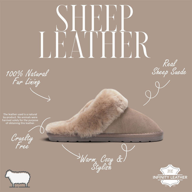 Women's Genuine Sheepskin Taupe Suede Mule Winter Slippers - Luna