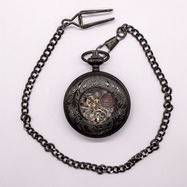 Vinatage Black Mechanical Alloy Skeleton Half Hunter Pocket Watch