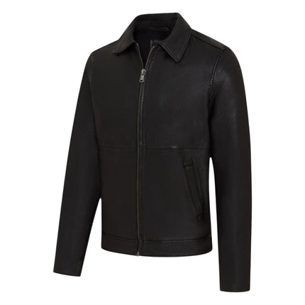 Mens Leather Black Harrington Collar Biker Jacket - Alpha
