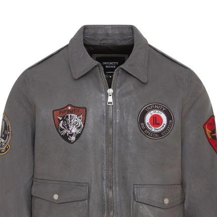 Men’s Grey Leather Bomber G-1 Aviator Collar Jacket  - Maverick