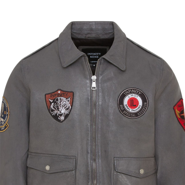 Men’s Grey Leather Bomber G-1 Aviator Collar Jacket  - Maverick