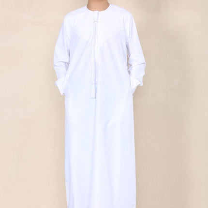 Boy's Kids White Thobe Emirati Jubba Islamic Clothing Kaftan Eid String Tassel