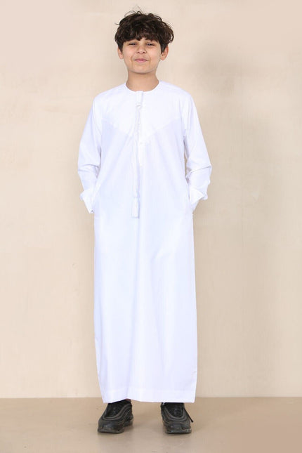 Boy's Kids White Thobe Emirati Jubba Islamic Clothing Kaftan Eid String Tassel