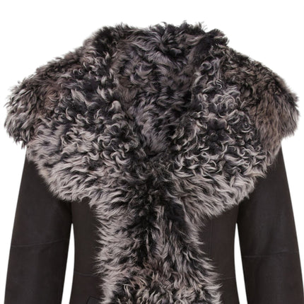 Womens Black Toscana Sheepskin Leather Hooded Trench Coat - Coast