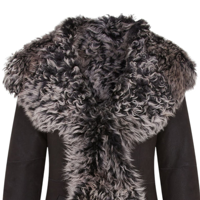 Womens Black Toscana Sheepskin Leather Hooded Trench Coat - Coast