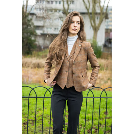 Women's Oak Brown Tailored Fit Tweed Waistcoat in Herringbone Check