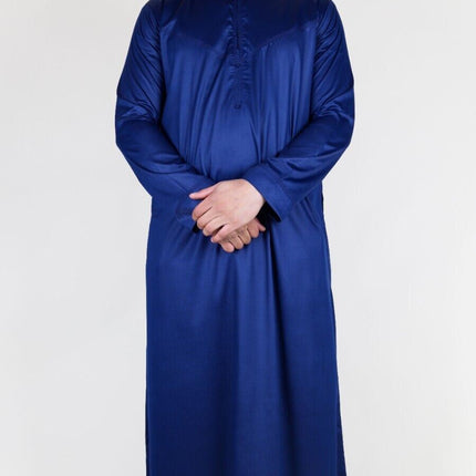 Men's Navy Blue Thobe Robe Satin Emirati Islamic Jubba Eid Slim Fit