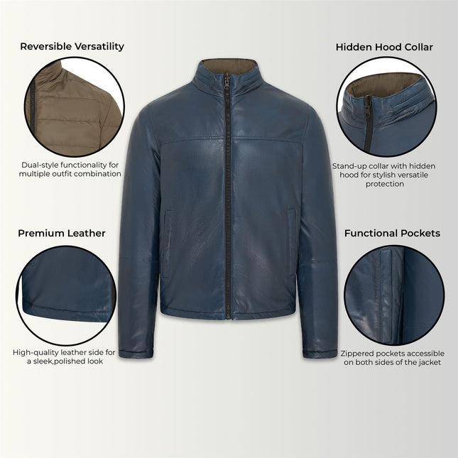 Mens Reversible Hooded Leather Jacket Premium Lambskin Napa