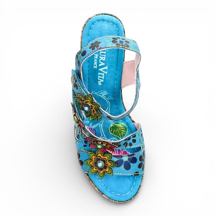 Laura Vita Women's Nellao 33 Blue Floral Leather Wedge Heel Espadrille Sandals