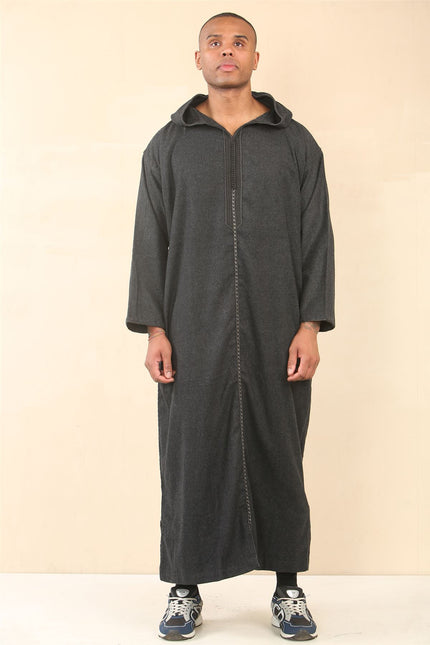Men's Black Hooded Moroccan Thobe Djellaba Jubba Robe Eid