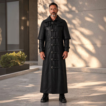 Mens Black Leather Full Length Buckle Gothic Long Trench Coat - Captain