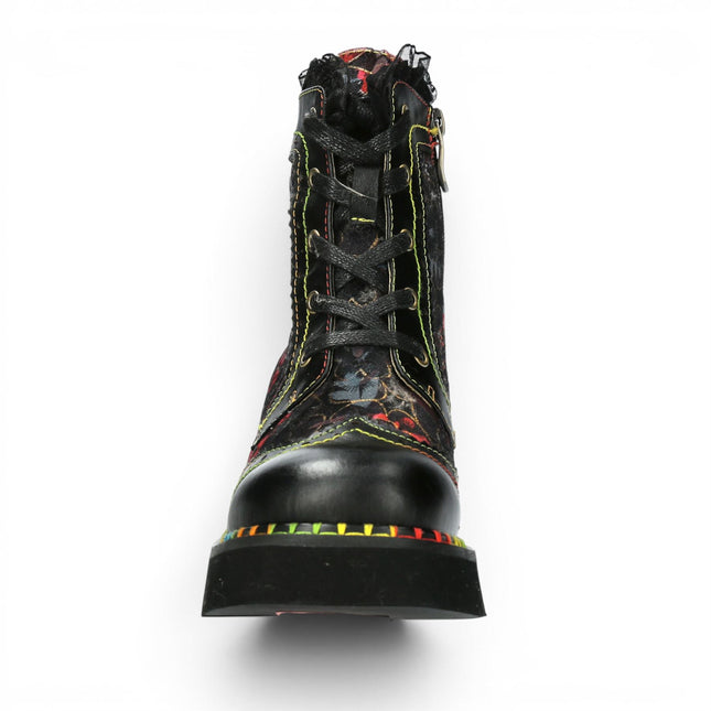 Laura Vita Women's Gothic Floral Black Leather Combat Boots - Oyao-11