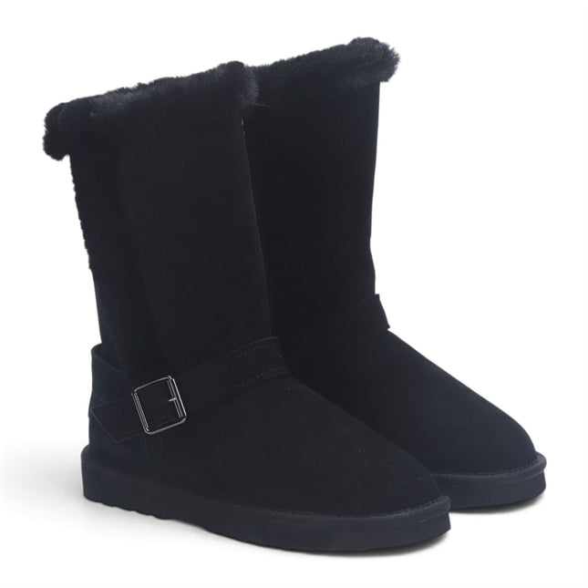 Women's Black Genuine Sheepskin Suede Calf Winter Warm Boots - Redwood