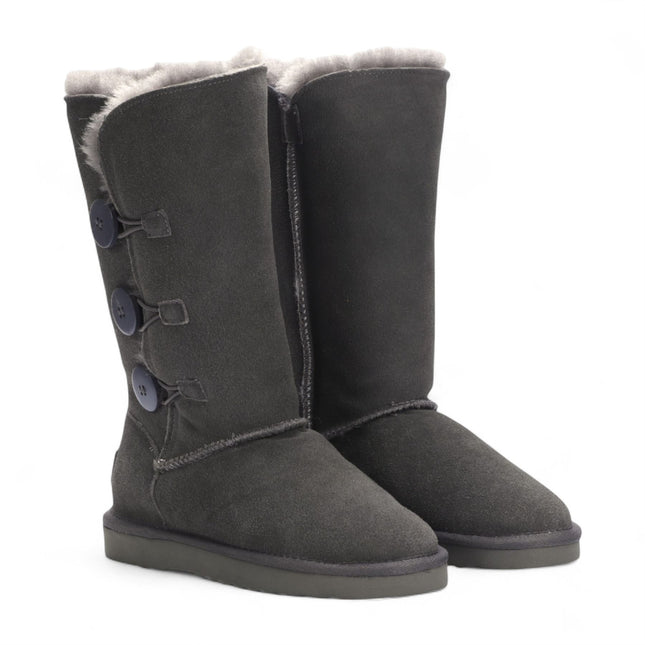Women's Sheepskin Suede Grey Button Warm Winter Calf Boots - Willow