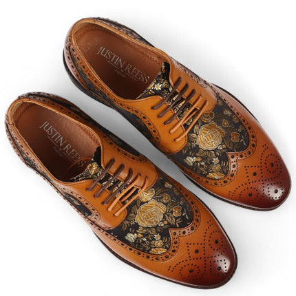 Justin Reess Men's Brown Leather Floral Print Brogue Dress Shoes - Ross