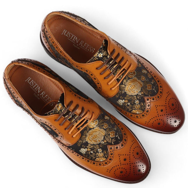 Justin Reess Men's Brown Leather Floral Print Brogue Dress Shoes - Ross