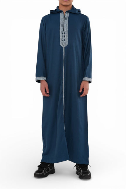 Kids Boys Aqua Blue Eid Hooded Moroccan Thobe Robe Djellaba Ramadan Jubba- K-HM3