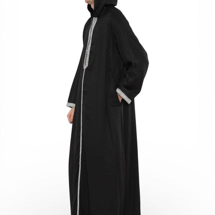 Men's Eid Black Hooded Moroccan Thobe Robe Djellaba Gandoura Ramadan Jubba- HM3